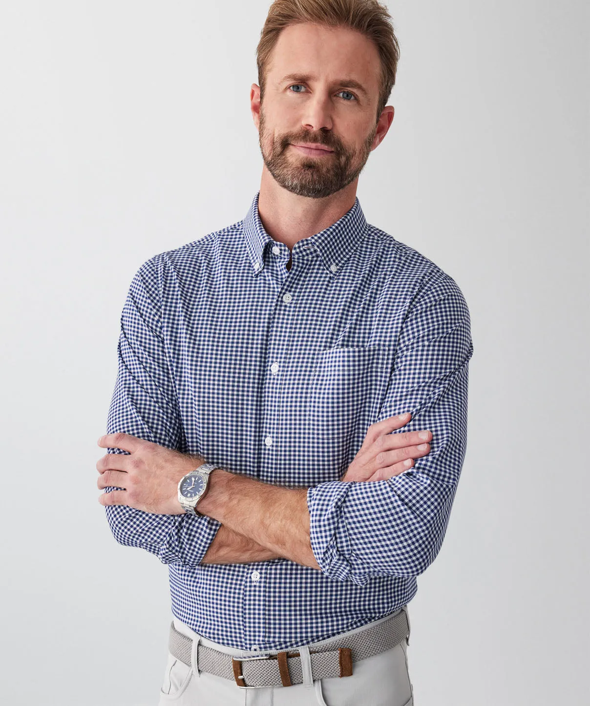 Tailored Fit GAZFLEX Performance Oxford Gingham Long Sleeve Shirt - Navy sold by GAZMAN product image thumbnail 3