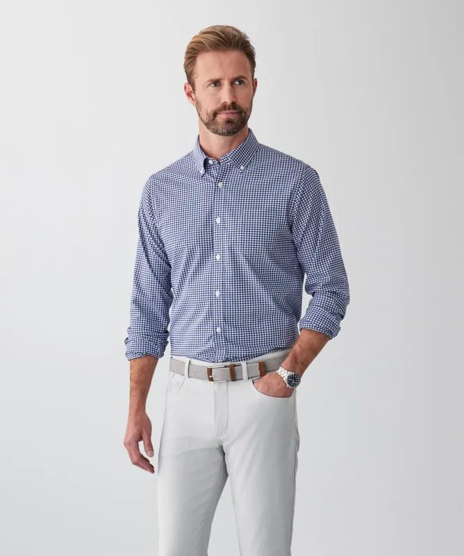 Tailored Fit GAZFLEX Performance Oxford Gingham Long Sleeve Shirt - Navy sold by GAZMAN