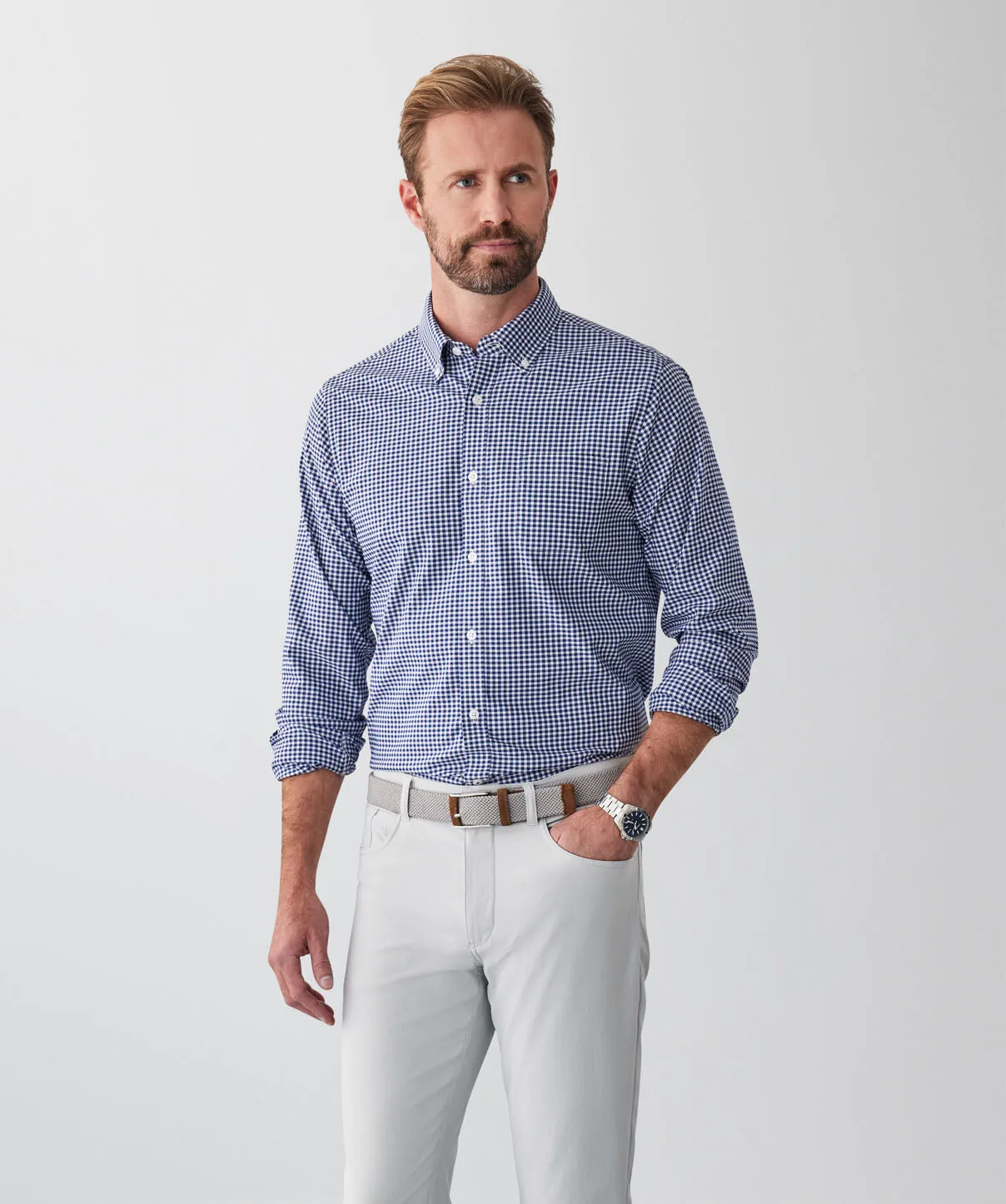 Tailored Fit GAZFLEX Performance Oxford Gingham Long Sleeve Shirt - Navy sold by GAZMAN