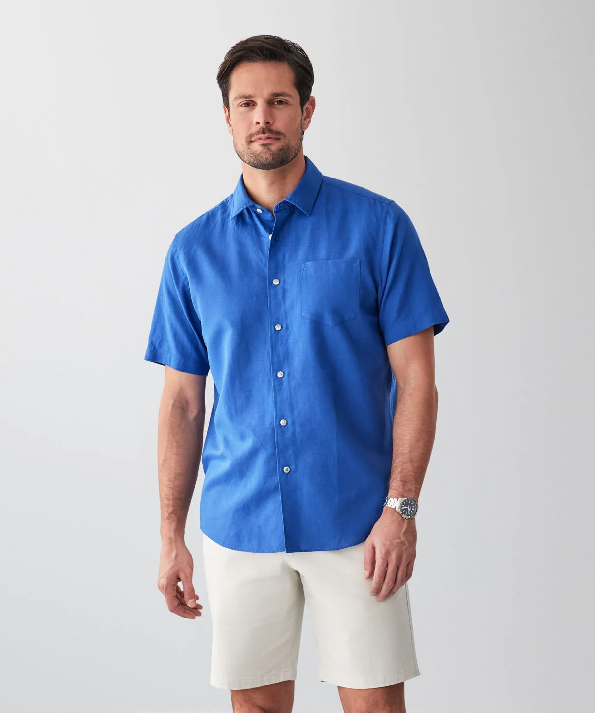Linen Blend Short Sleeve Shirt - Bright Blue sold by GAZMAN