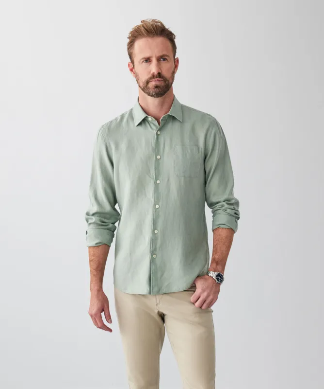Tailored Fit Pure French Linen Long Sleeve Shirt - Sage sold by GAZMAN