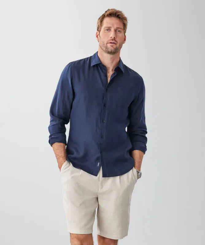 Tailored Fit Pure French Linen Long Sleeve Shirt - Dark Navy sold by GAZMAN