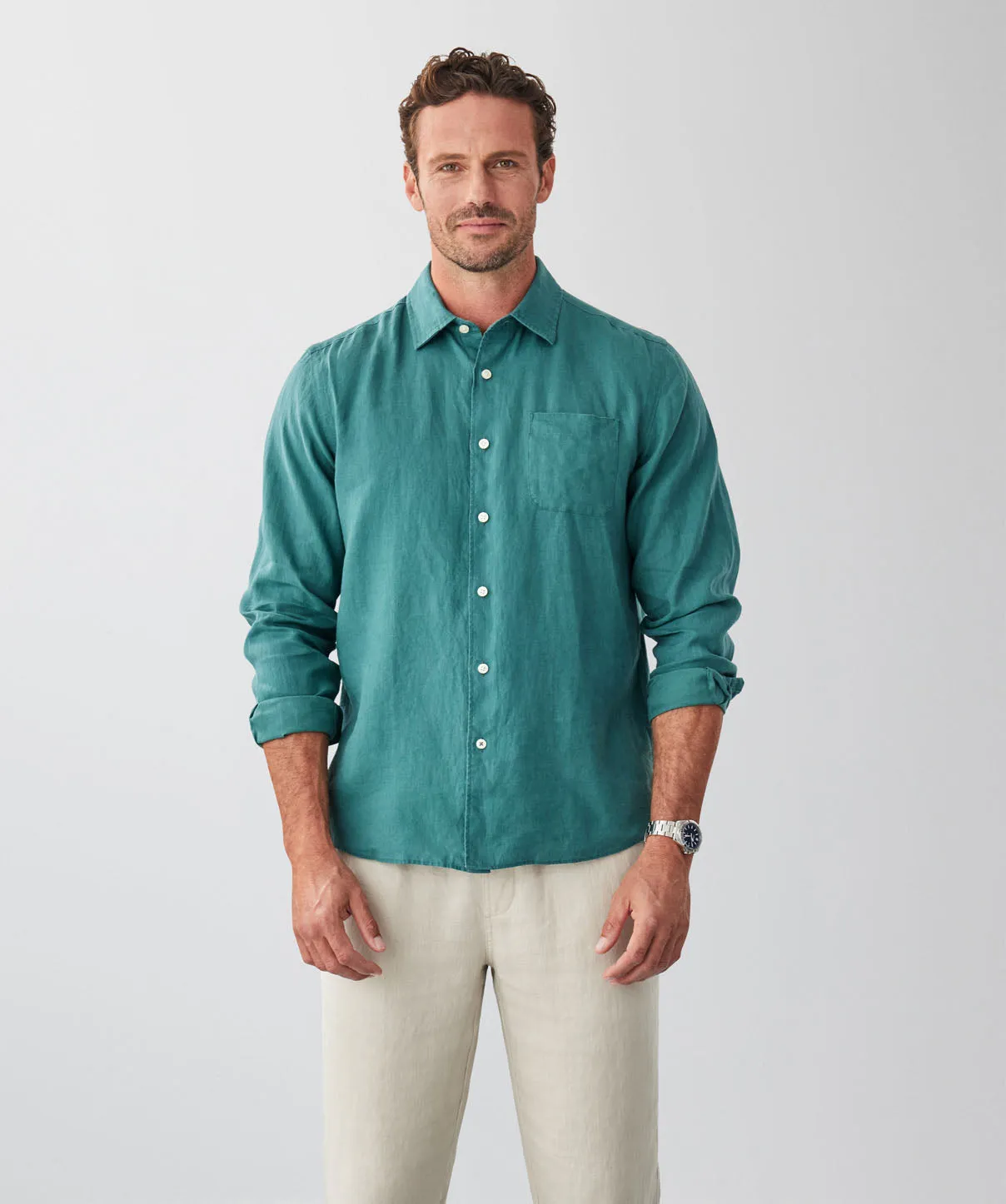 Pure French Linen Long Sleeve Shirt - Evergreen sold by GAZMAN