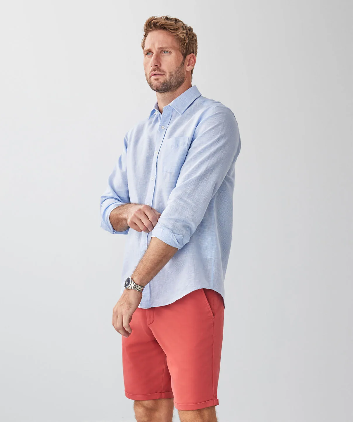 Linen Blend Houndstooth Long Sleeve Shirt - Sky Blue sold by GAZMAN product image thumbnail 5