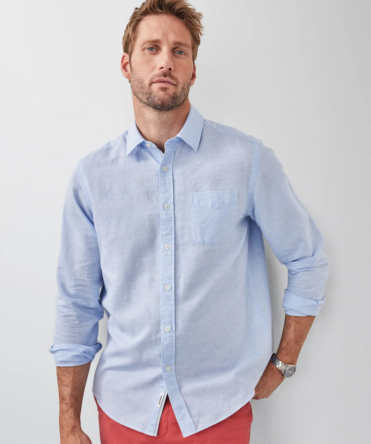 Linen Blend Houndstooth Long Sleeve Shirt - Sky Blue sold by GAZMAN product image thumbnail 3