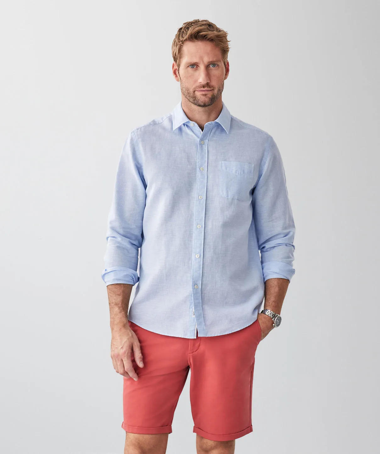 Linen Blend Houndstooth Long Sleeve Shirt - Sky Blue sold by GAZMAN