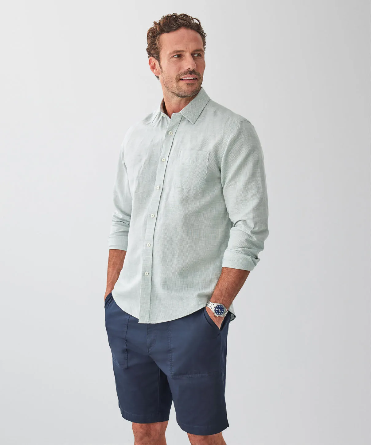 Linen Blend Houndstooth Long Sleeve Shirt - Sage sold by GAZMAN product image thumbnail 5