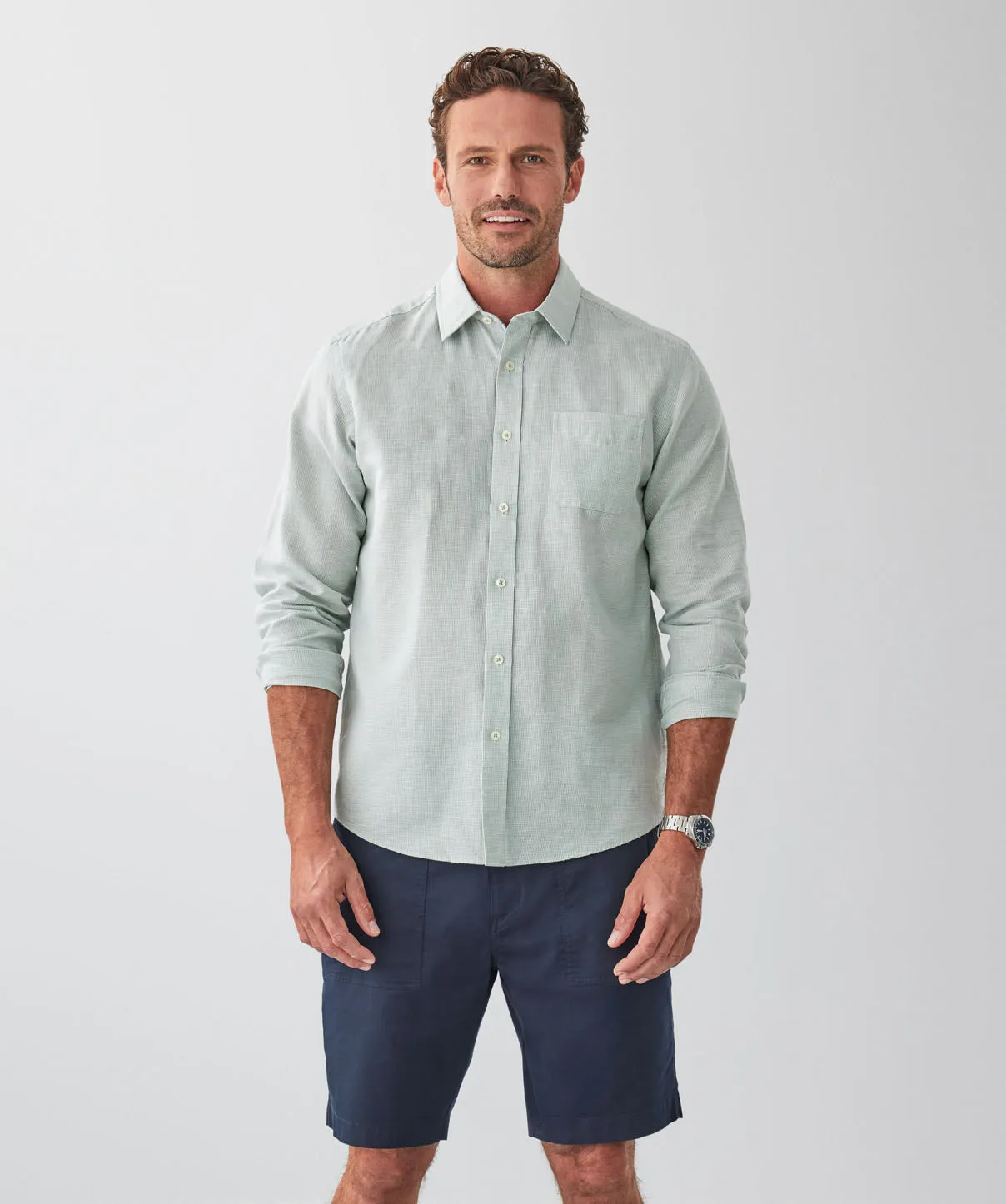 Linen Blend Houndstooth Long Sleeve Shirt - Sage sold by GAZMAN