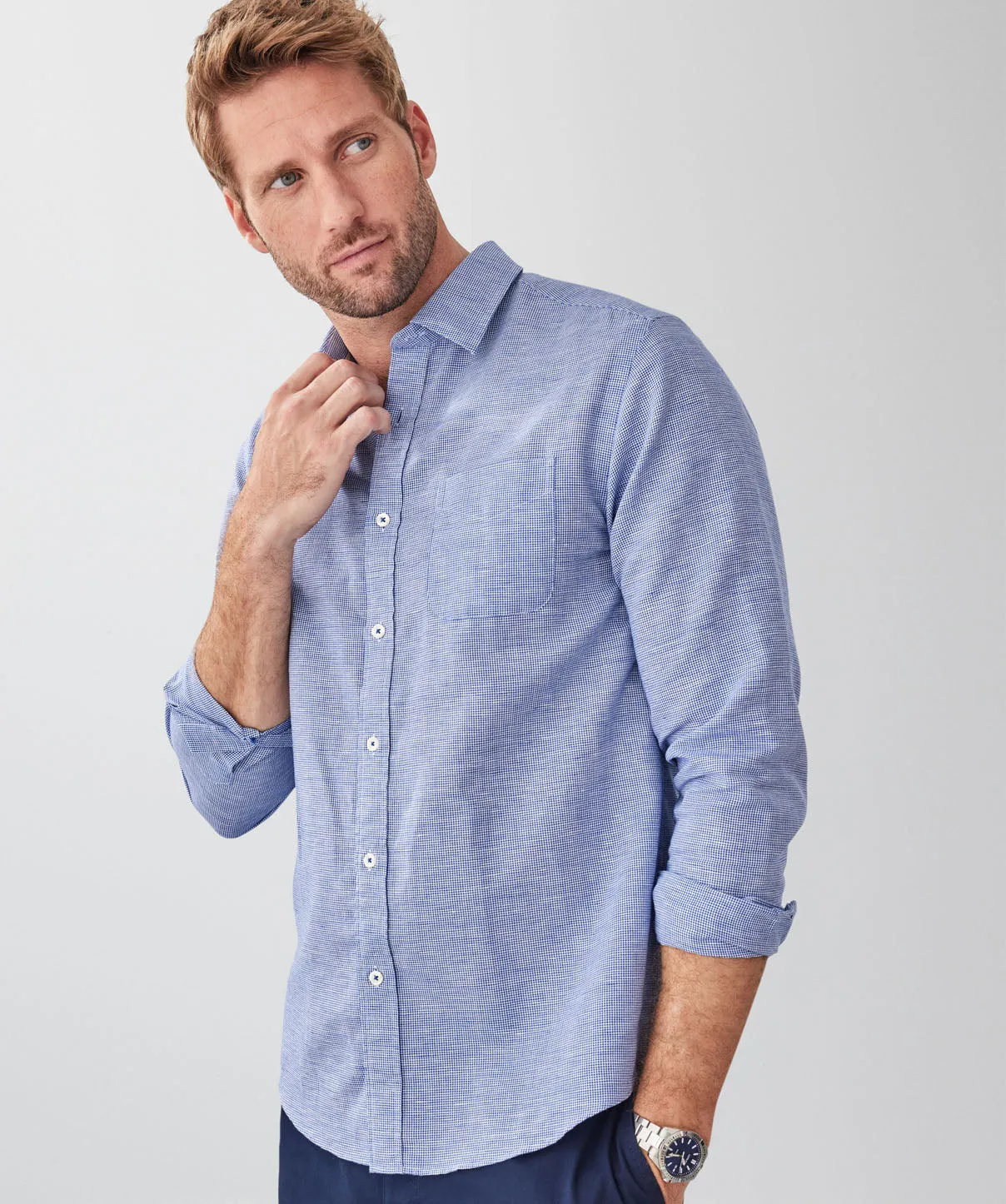 Linen Blend Houndstooth Long Sleeve Shirt - Navy sold by GAZMAN product image thumbnail 3