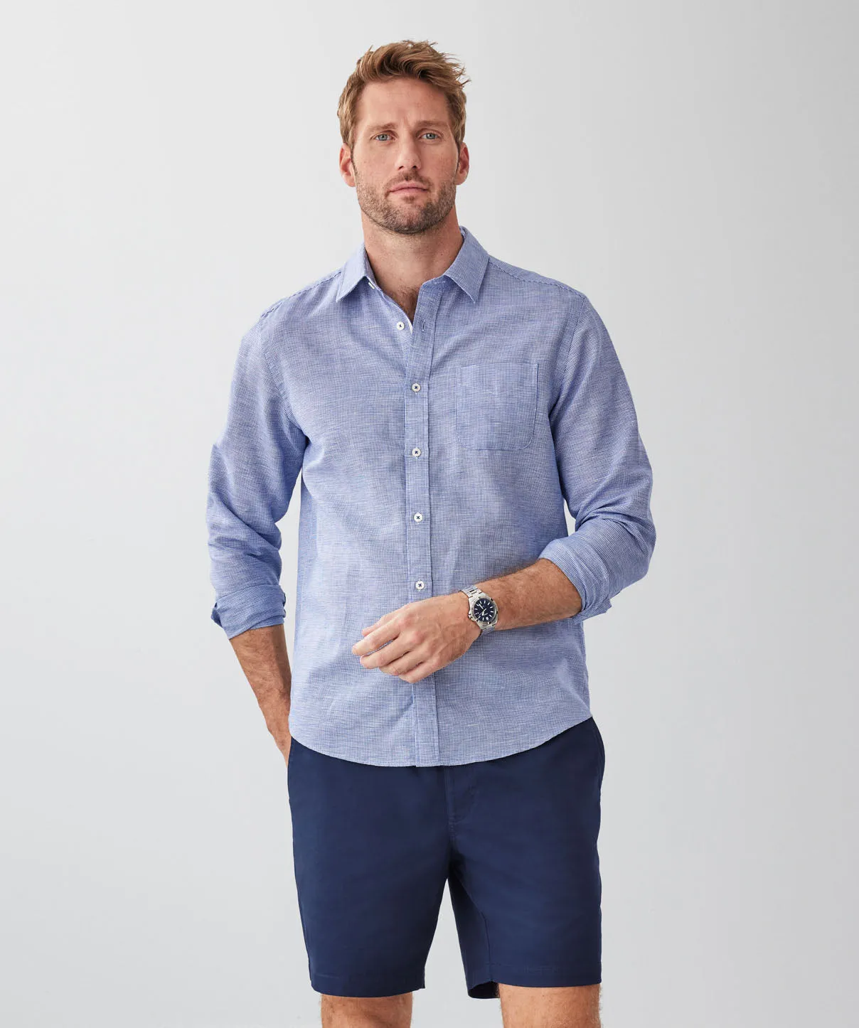 Linen Blend Houndstooth Long Sleeve Shirt - Navy sold by GAZMAN
