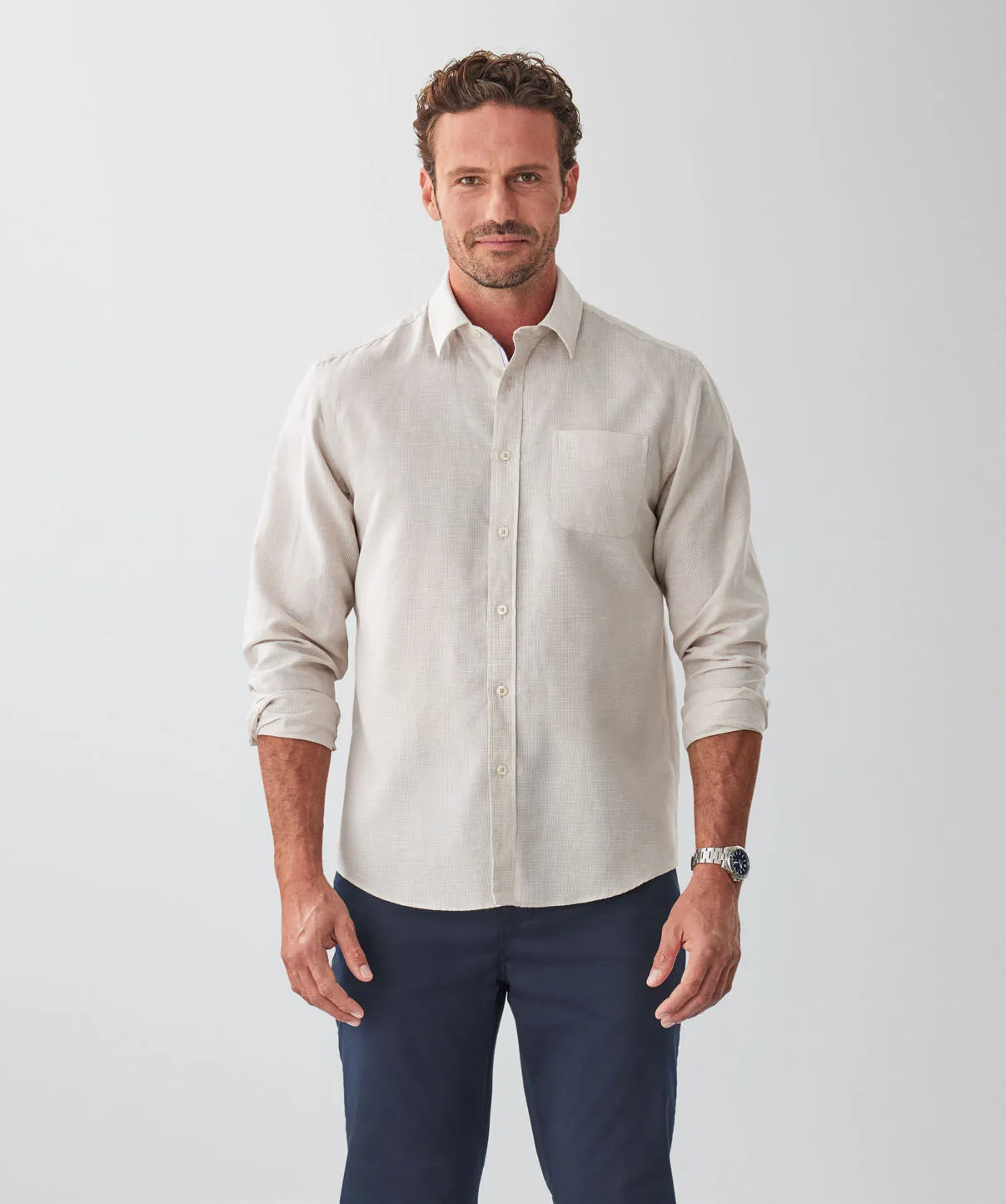 Linen Blend Houndstooth Long Sleeve Shirt - Natural sold by GAZMAN