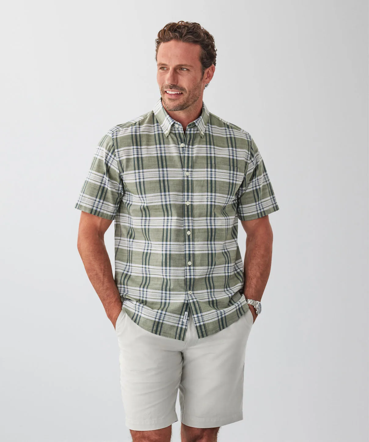 Casual Slub Multi Check Short Sleeve Shirt - Khaki sold by GAZMAN