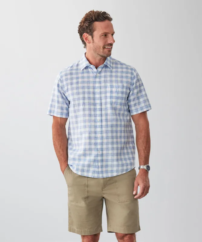 Linen Blend Short Sleeve Check Shirt - Sky Blue sold by GAZMAN