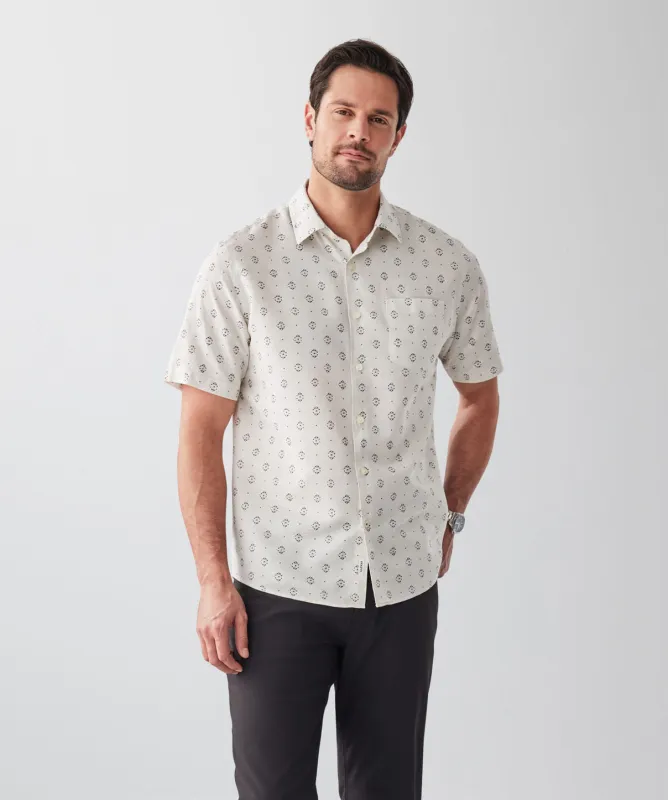 Linen Blend Geo Print Short Sleeve Shirt - Natural sold by GAZMAN