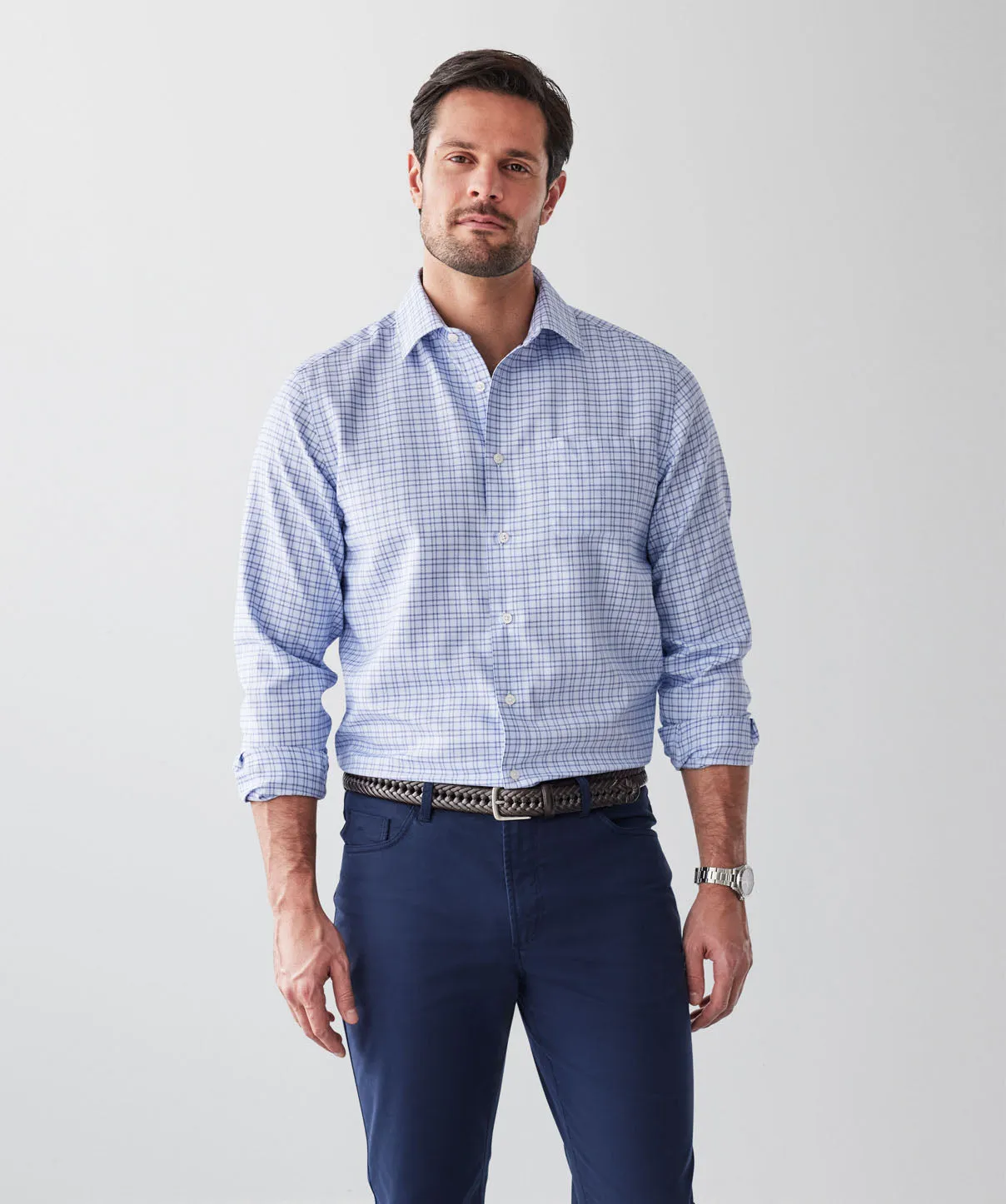 Non-Iron Dobby Twill Check Long Sleeve Shirt - Blue sold by GAZMAN