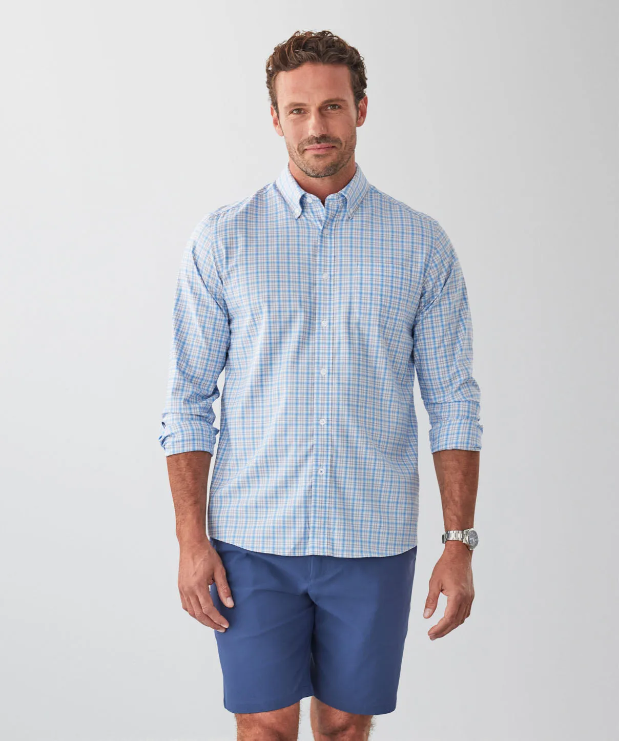 GAZFLEX Performance Oxford Check Long Sleeve Shirt - Blue sold by GAZMAN