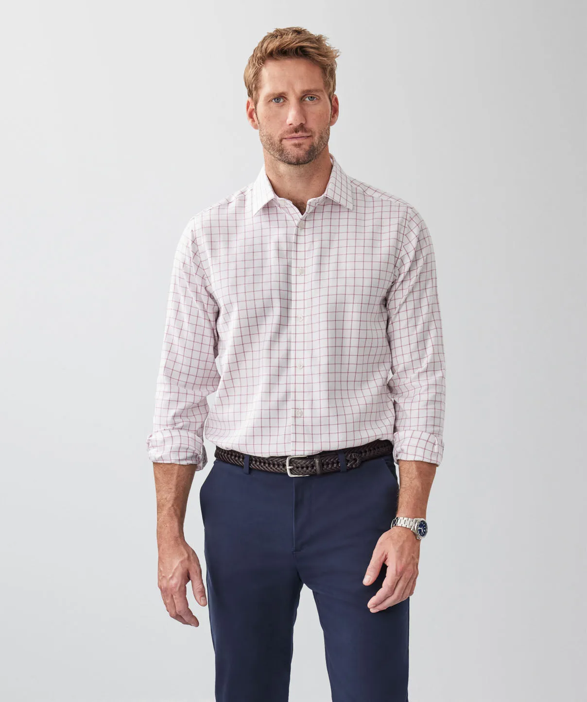 Non-Iron Dobby Twill Check Long Sleeve Shirt - White sold by GAZMAN