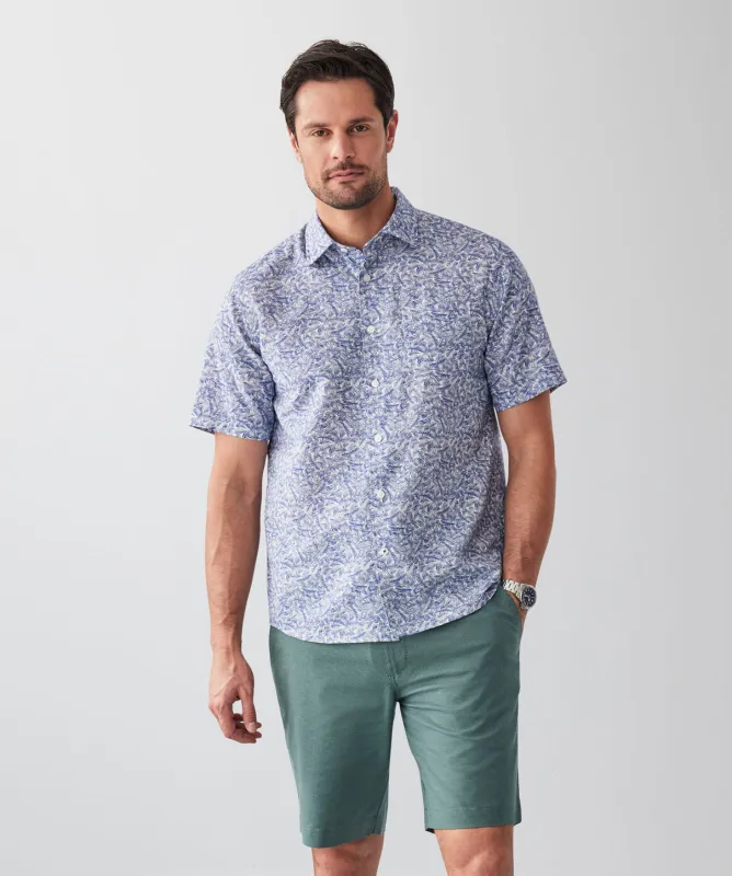Linen Blend Fern Print Short Sleeve Shirt - Navy sold by GAZMAN