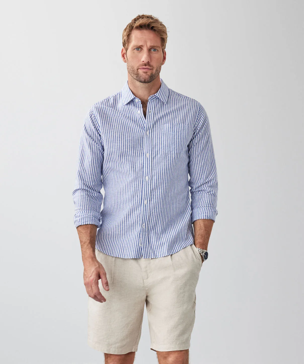 Tailored Fit Linen Blend Stripe Long Sleeve Shirt - Blue sold by GAZMAN