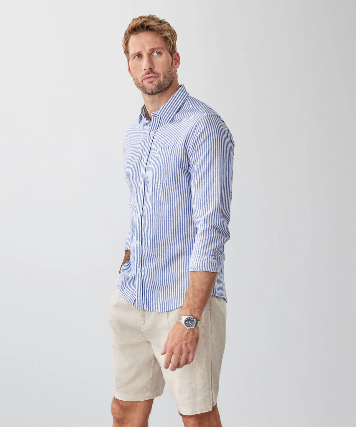 Tailored Fit Linen Blend Stripe Long Sleeve Shirt - Blue sold by GAZMAN product image thumbnail 5