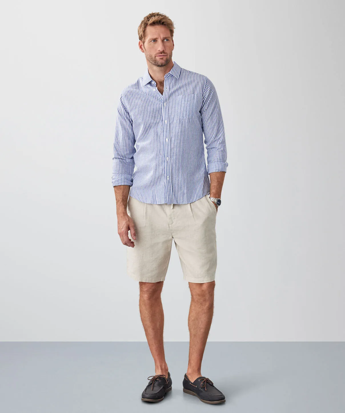 Tailored Fit Linen Blend Stripe Long Sleeve Shirt - Blue sold by GAZMAN product image thumbnail 4