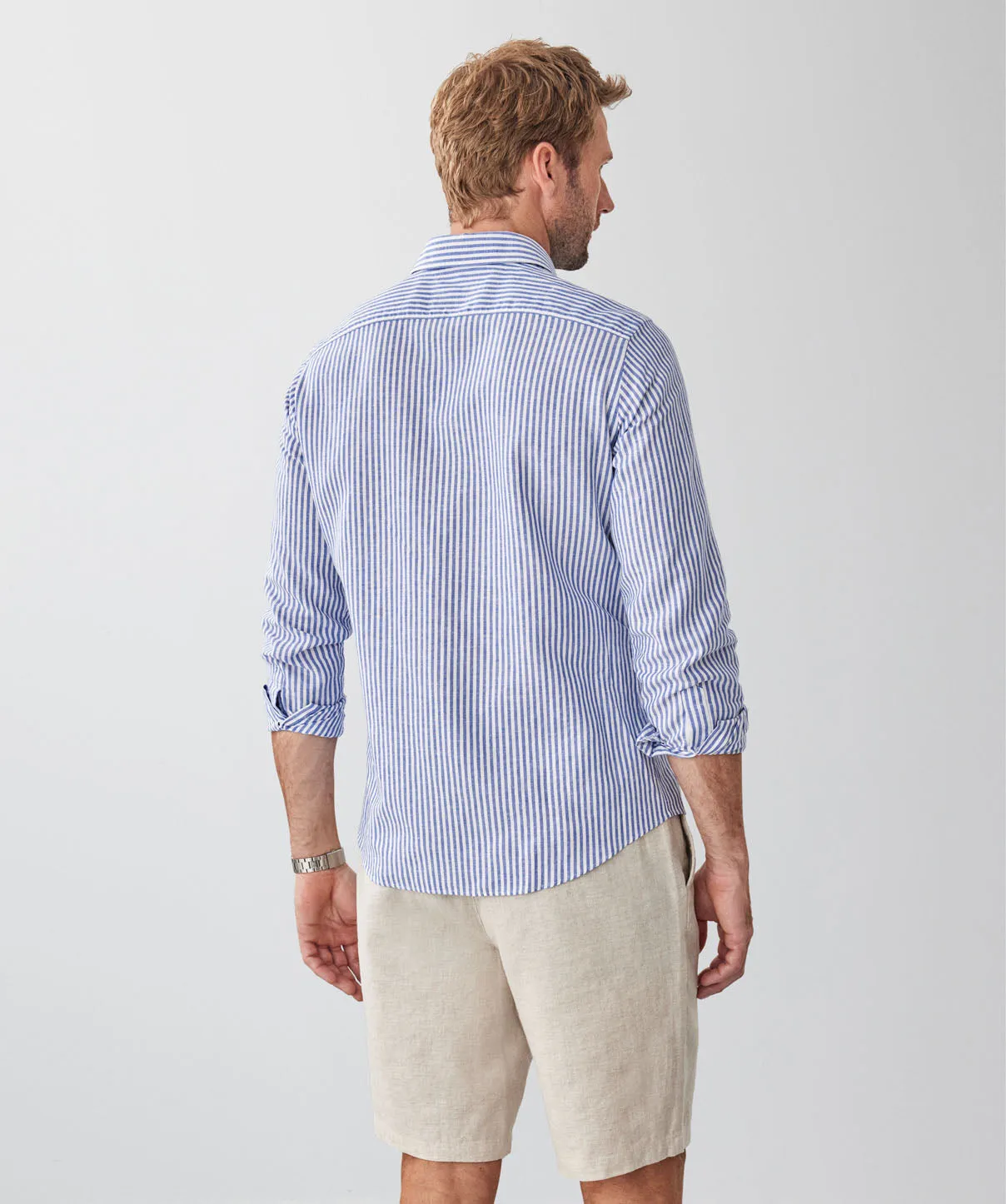Tailored Fit Linen Blend Stripe Long Sleeve Shirt - Blue sold by GAZMAN product image thumbnail 2