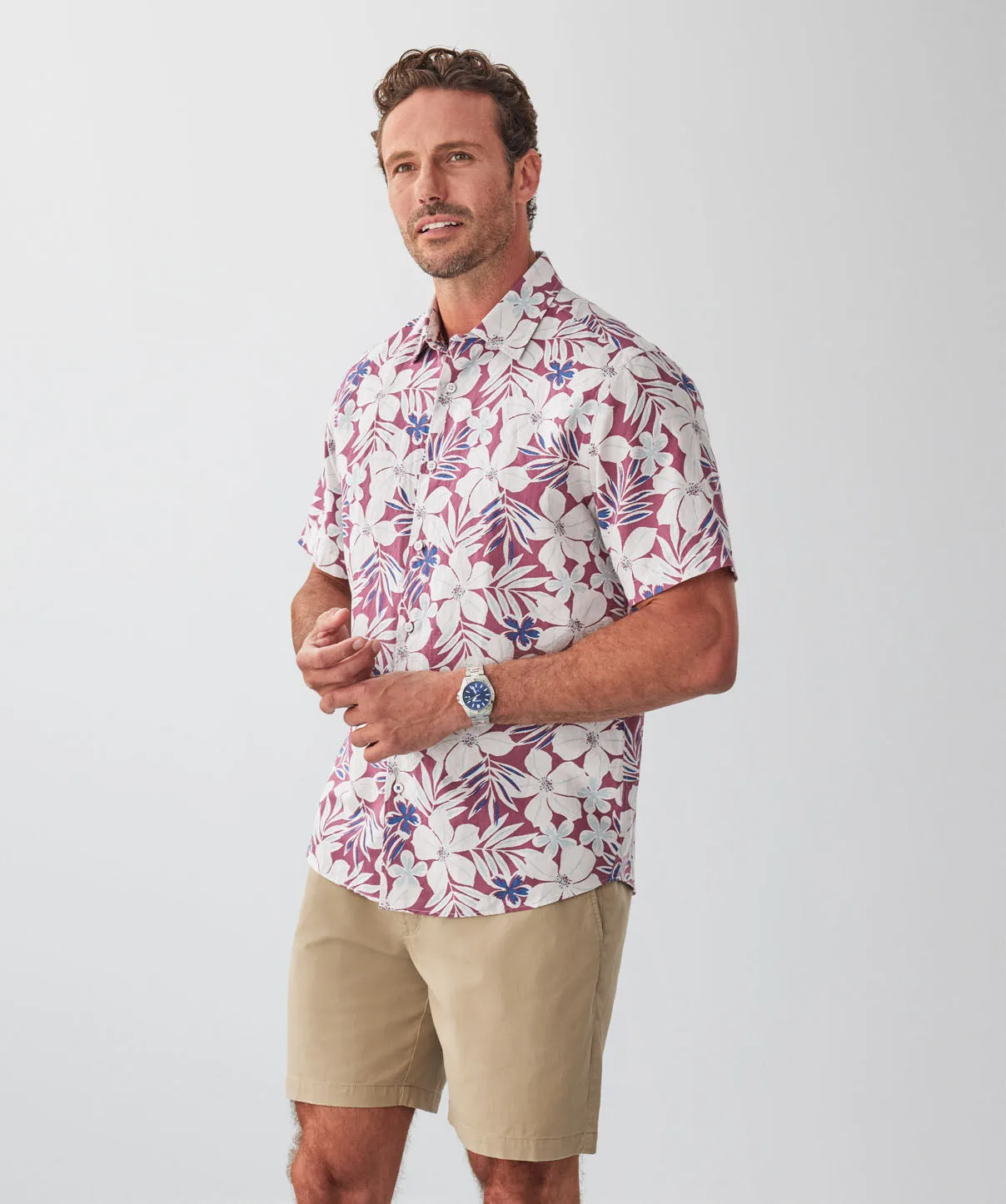 Linen Blend Tropical Print Short Sleeve Shirt - Raspberry sold by GAZMAN product image thumbnail 5