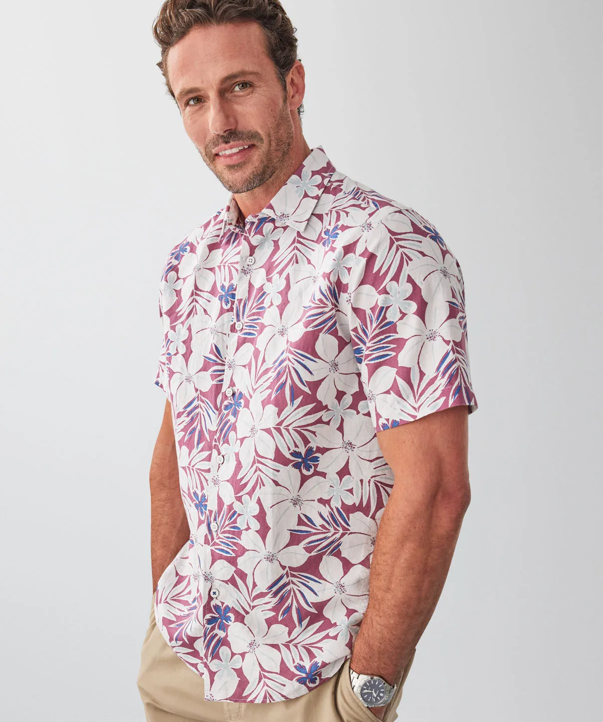 Linen Blend Tropical Print Short Sleeve Shirt - Raspberry sold by GAZMAN product image thumbnail 3