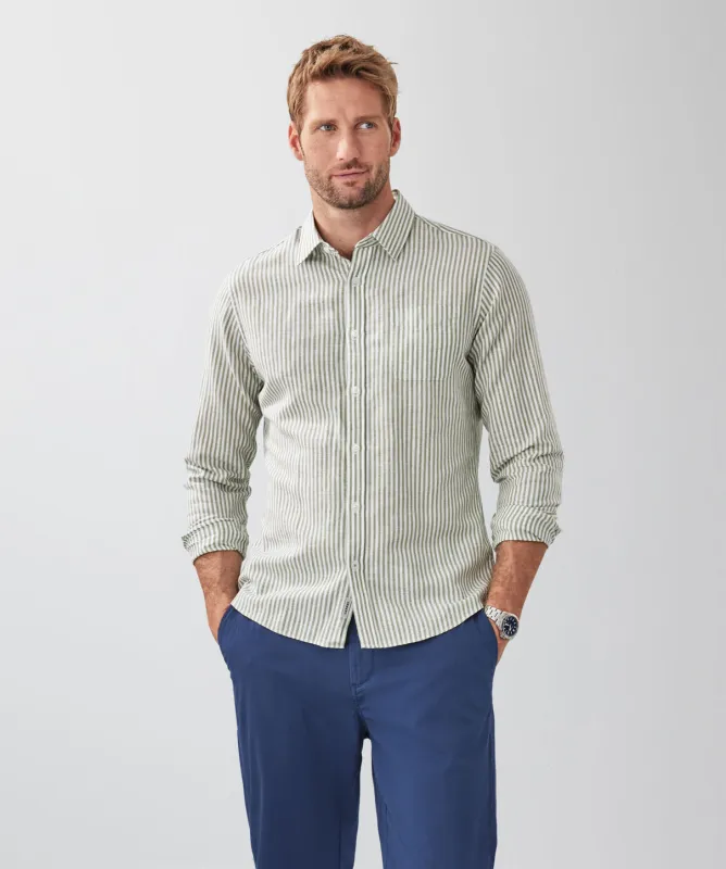 Tailored Fit Linen Blend Stripe Long Sleeve Shirt - Khaki sold by GAZMAN