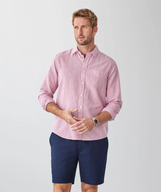 Linen Blend Bengal Stripe Long Sleeve Shirt - Raspberry sold by GAZMAN