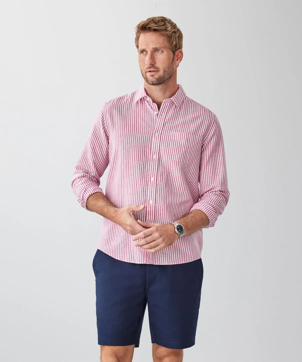 Linen Blend Bengal Stripe Long Sleeve Shirt - Raspberry sold by GAZMAN