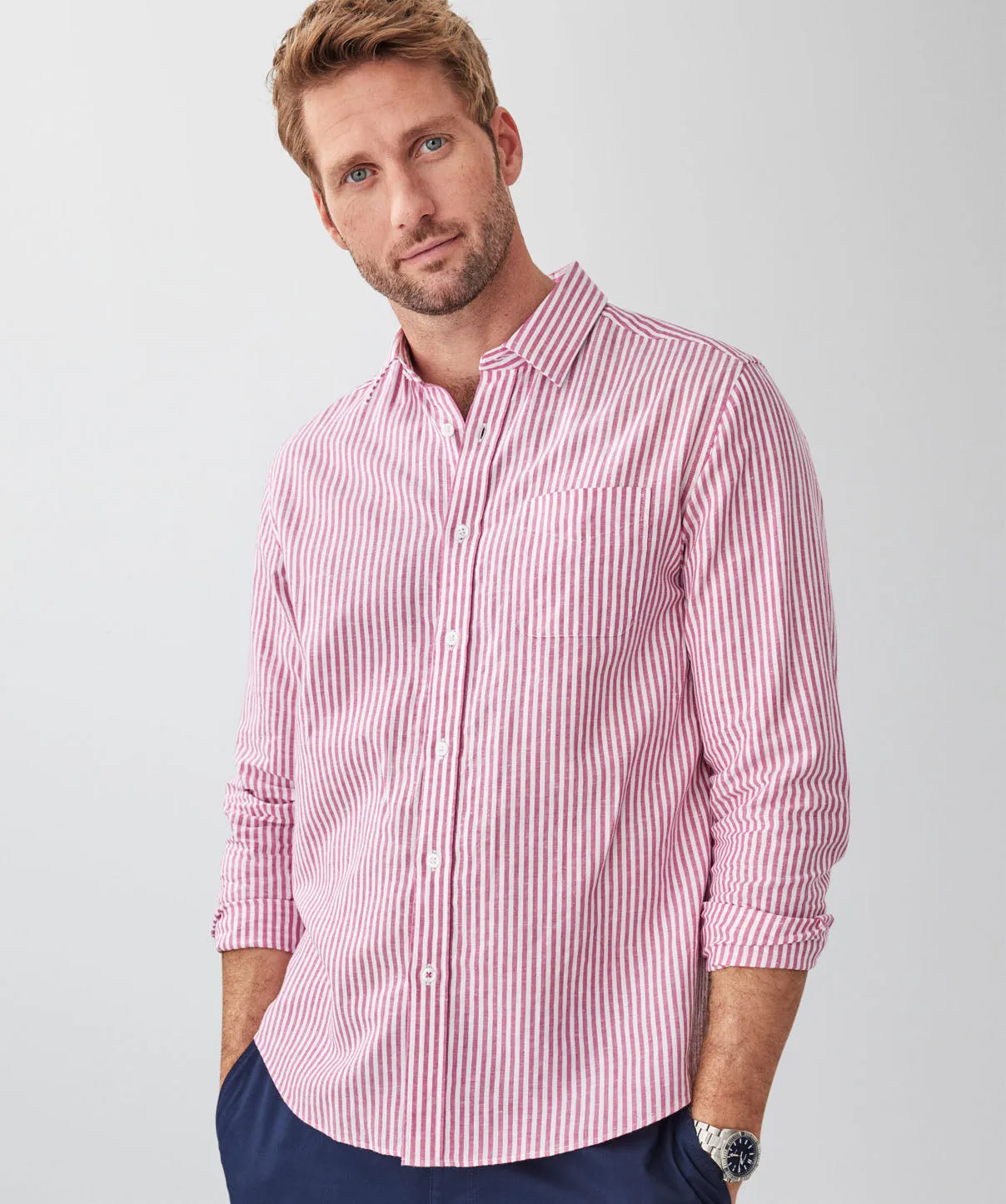 Linen Blend Bengal Stripe Long Sleeve Shirt - Raspberry sold by GAZMAN product image thumbnail 3