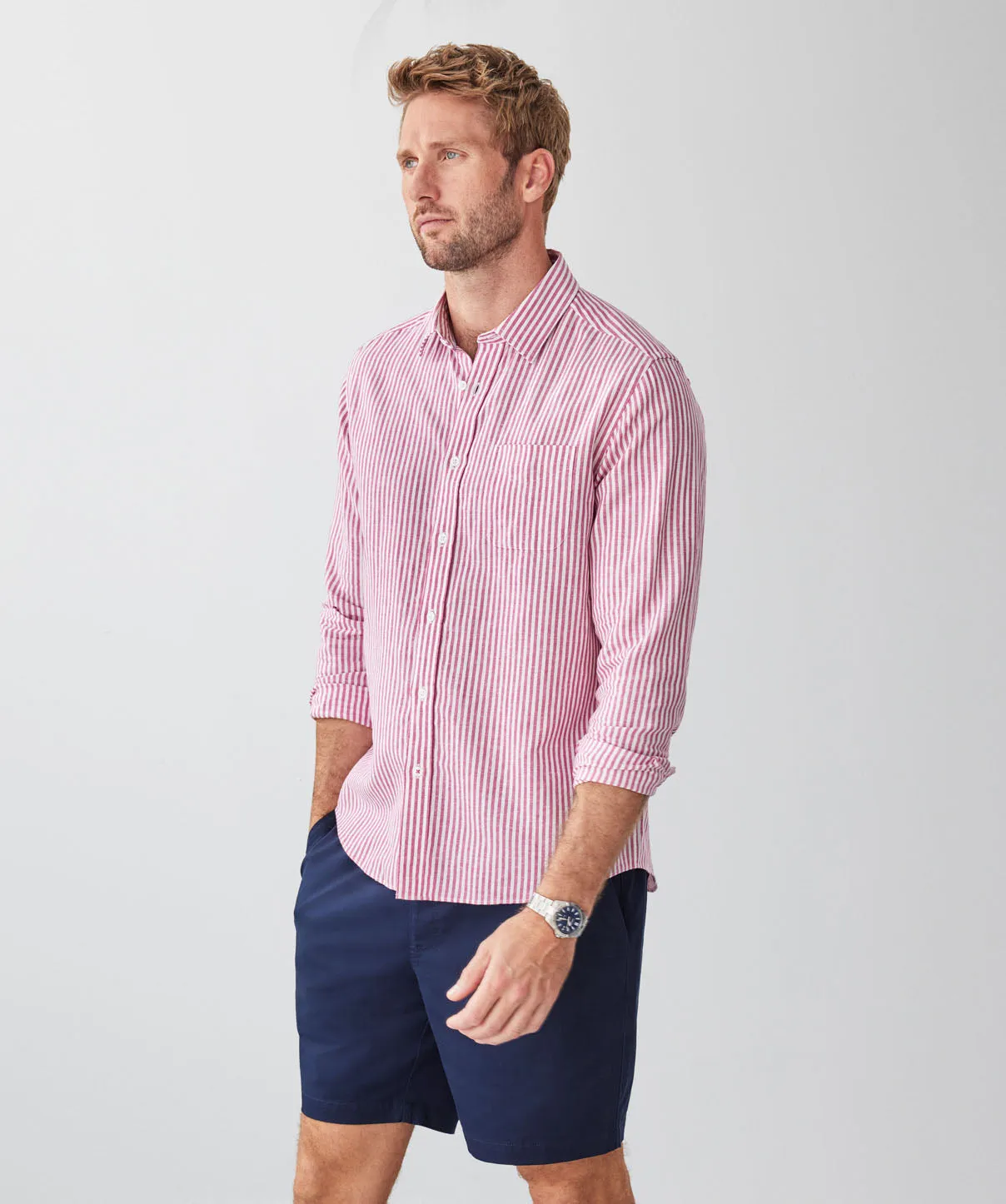 Linen Blend Bengal Stripe Long Sleeve Shirt - Raspberry sold by GAZMAN product image thumbnail 5