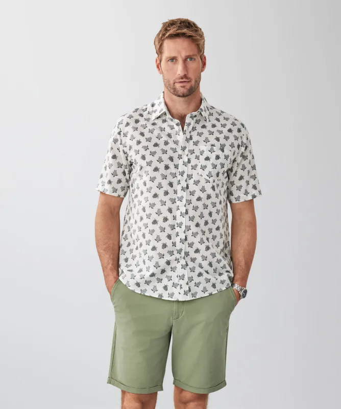 Linen Blend Turtle Print Short Sleeve Shirt - White sold by GAZMAN