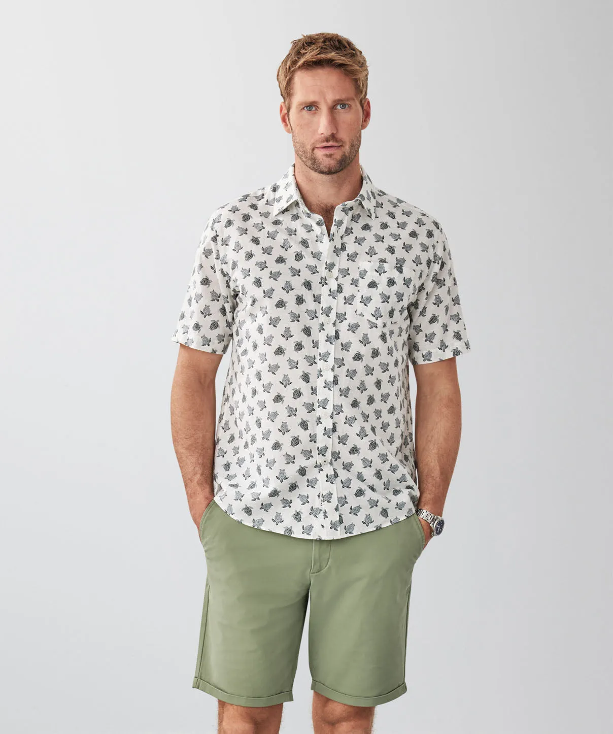 Linen Blend Turtle Print Short Sleeve Shirt - White sold by GAZMAN