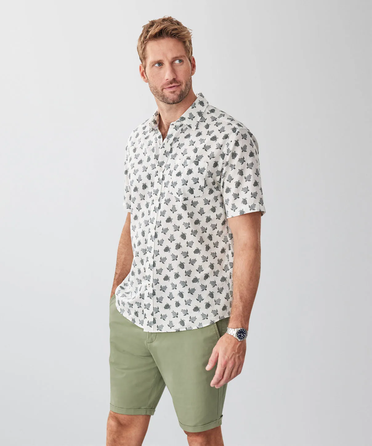 Linen Blend Turtle Print Short Sleeve Shirt - White sold by GAZMAN product image thumbnail 5