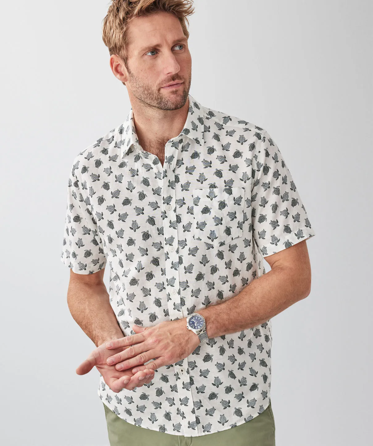 Linen Blend Turtle Print Short Sleeve Shirt - White sold by GAZMAN product image thumbnail 3
