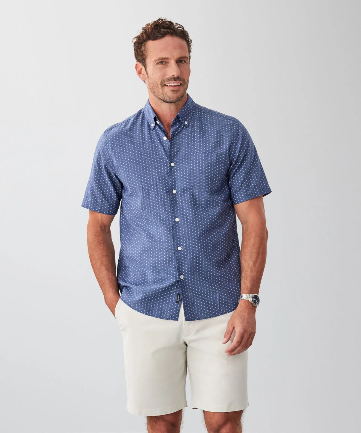 Linen Blend Micro Floral Print Short Sleeve Shirt - Denim sold by GAZMAN