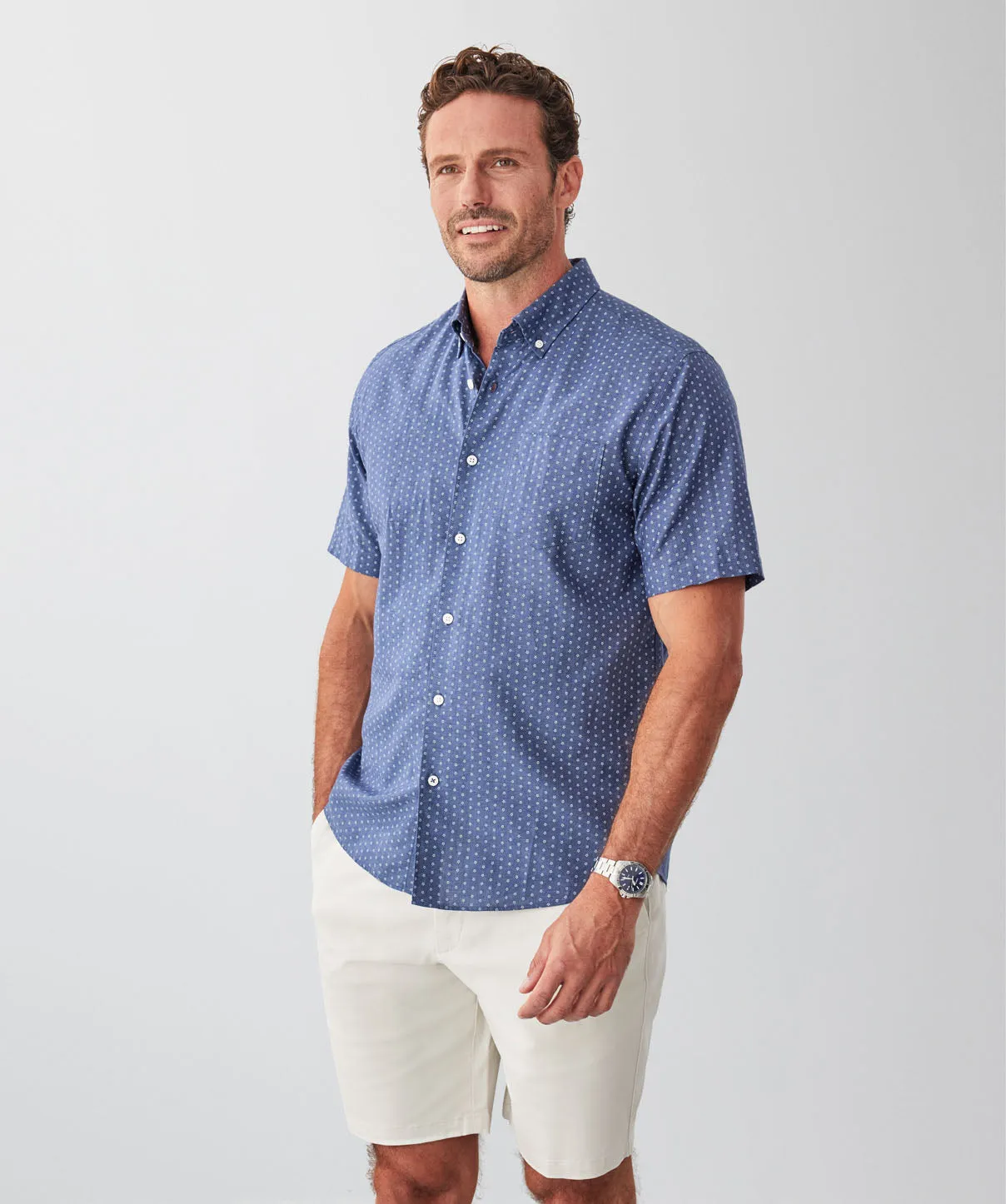 Linen Blend Micro Floral Print Short Sleeve Shirt - Denim sold by GAZMAN product image thumbnail 5