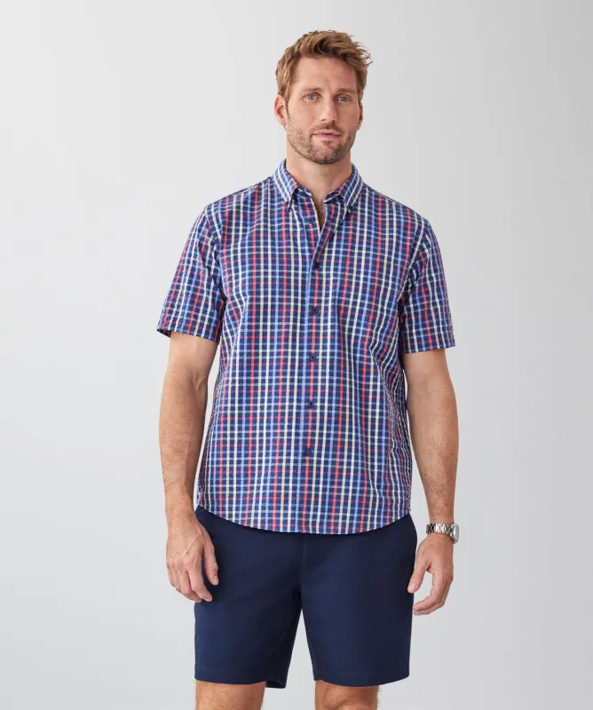 Casual Seersucker Check Short Sleeve Shirt - Navy sold by GAZMAN