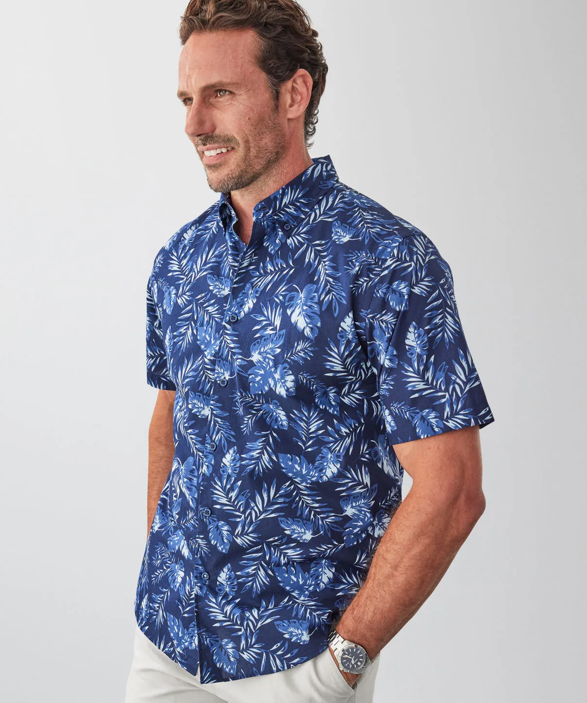 Casual Leaf Print Short Sleeve Shirt - Navy sold by GAZMAN product image thumbnail 3