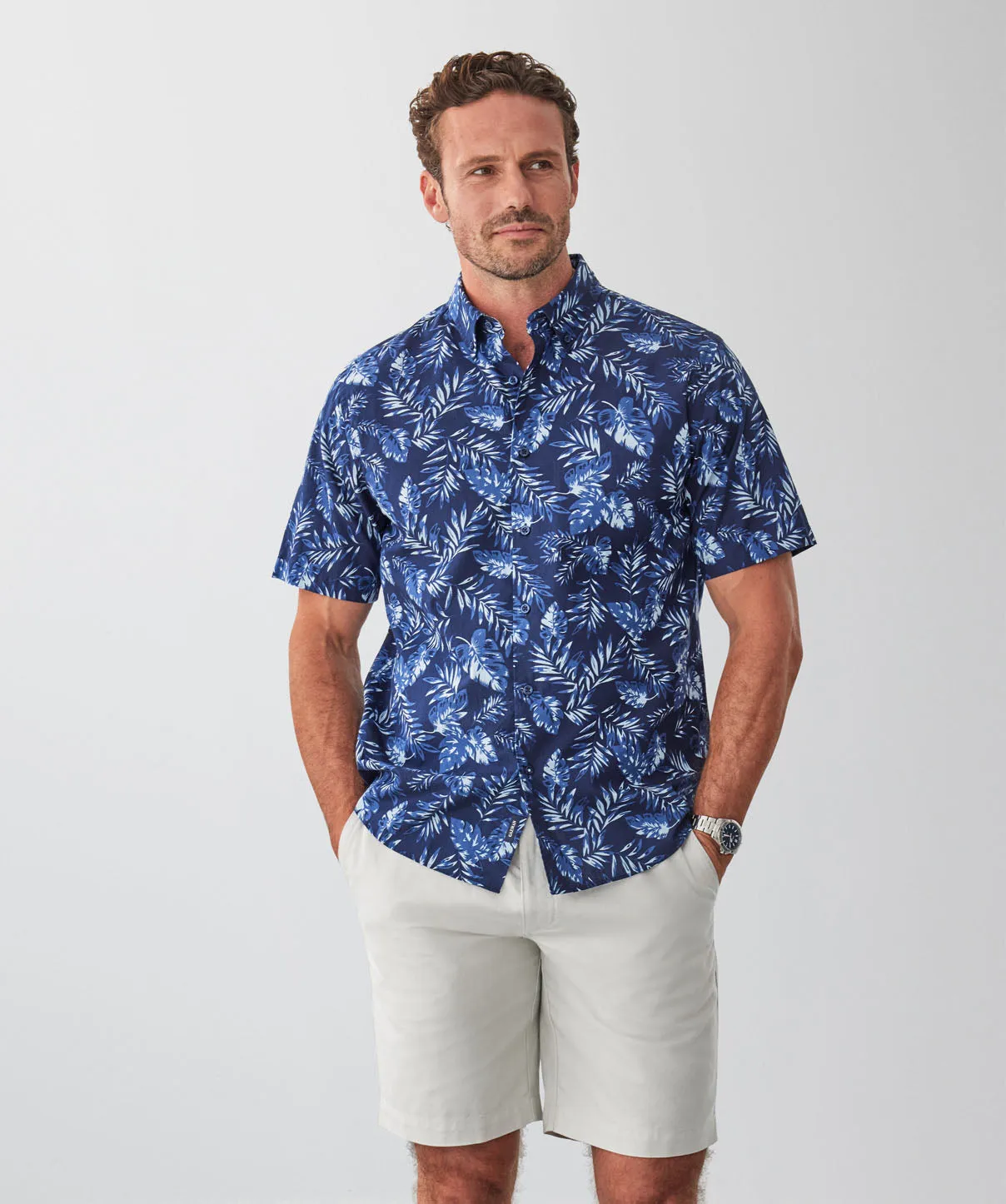 Casual Leaf Print Short Sleeve Shirt - Navy sold by GAZMAN