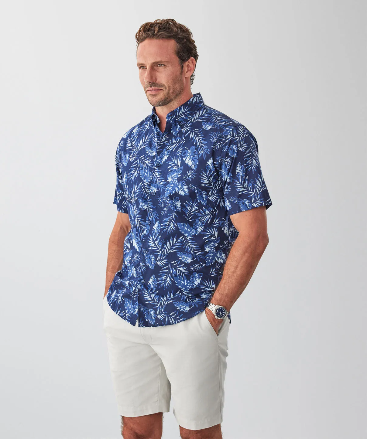 Casual Leaf Print Short Sleeve Shirt - Navy sold by GAZMAN product image thumbnail 5