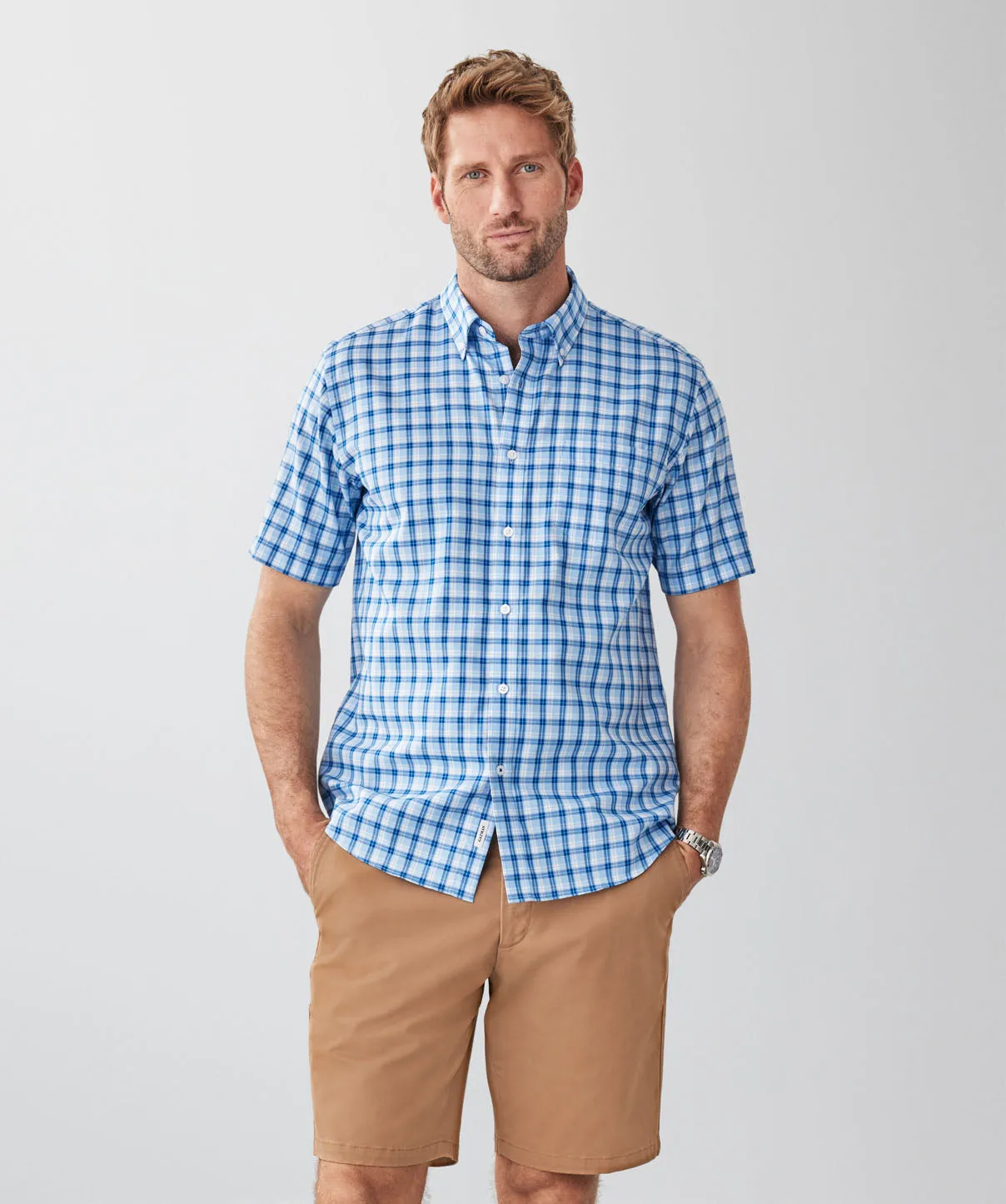 Easy Care Twill Check Short Sleeve Shirt - Blue sold by GAZMAN