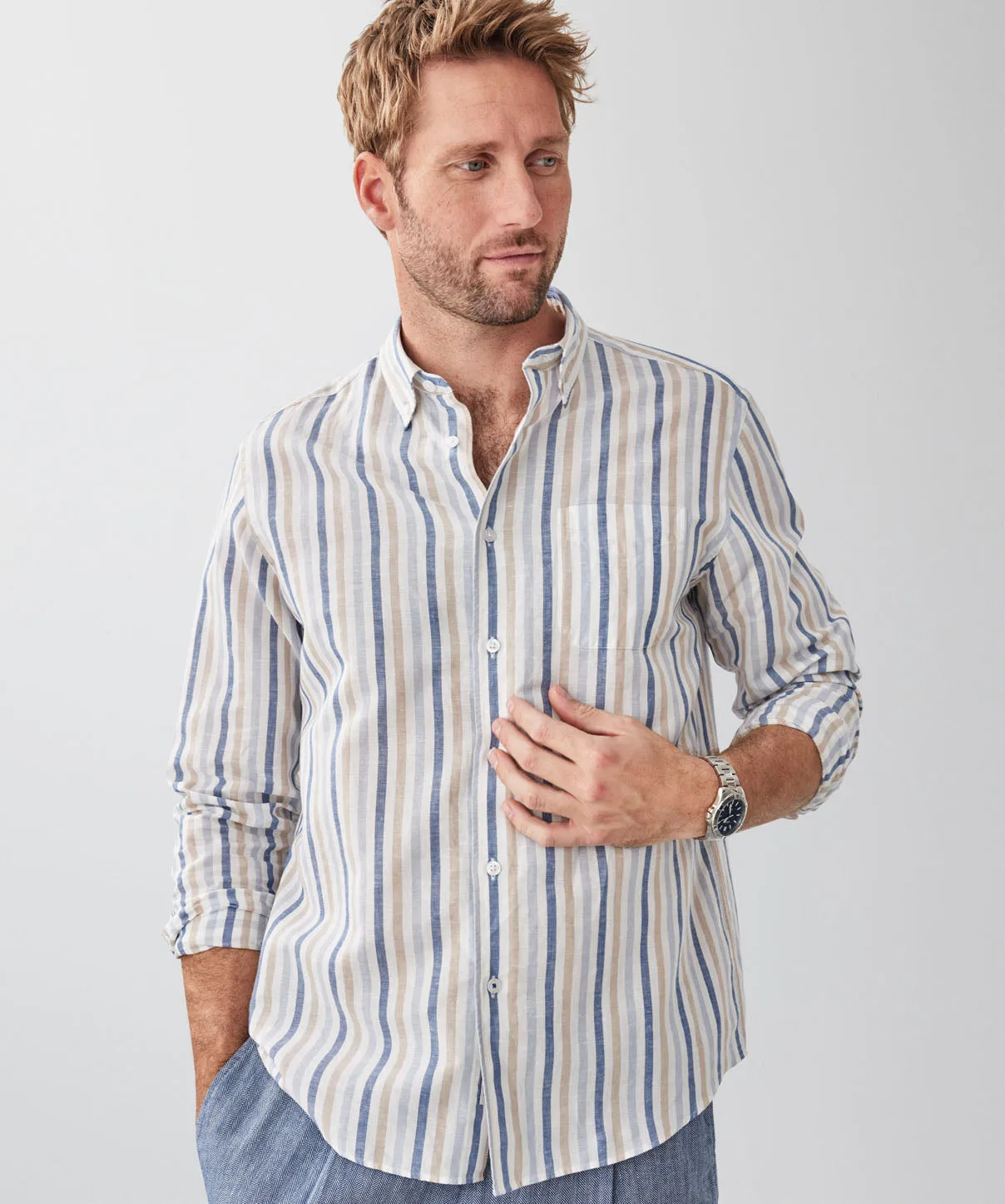 Linen Blend Bengal Stripe Long Sleeve Shirt - Multi Stripe sold by GAZMAN product image thumbnail 4