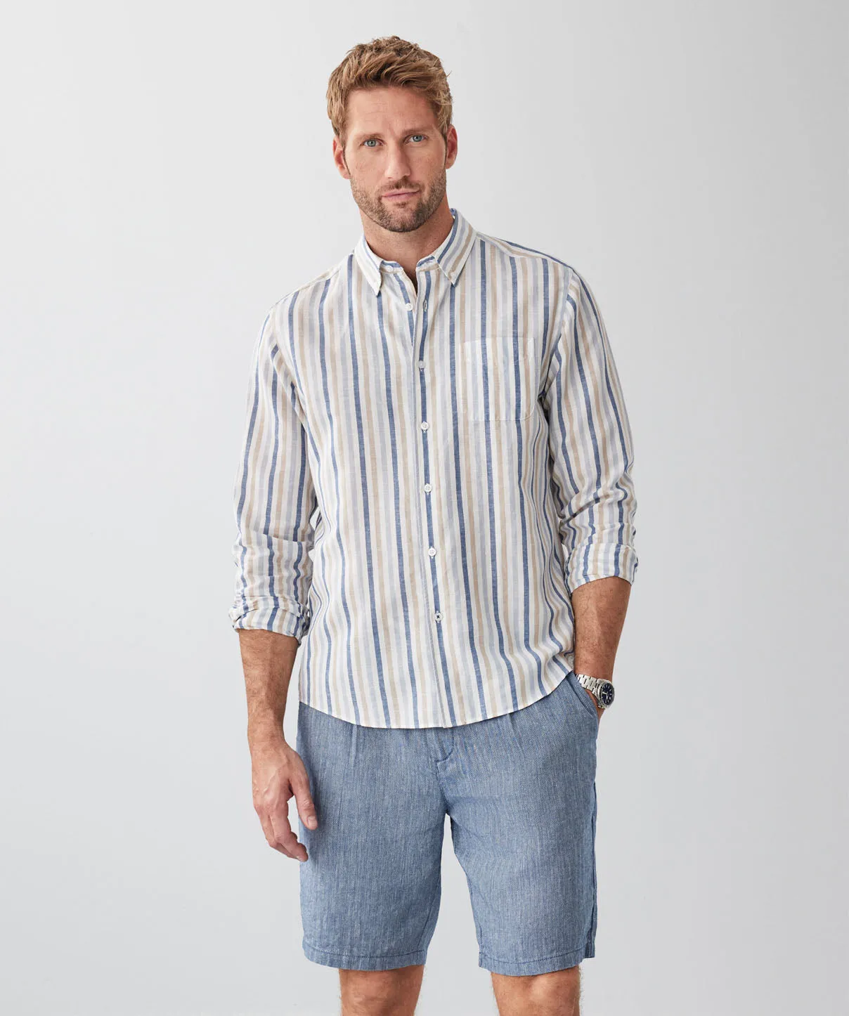 Linen Blend Bengal Stripe Long Sleeve Shirt - Multi Stripe sold by GAZMAN