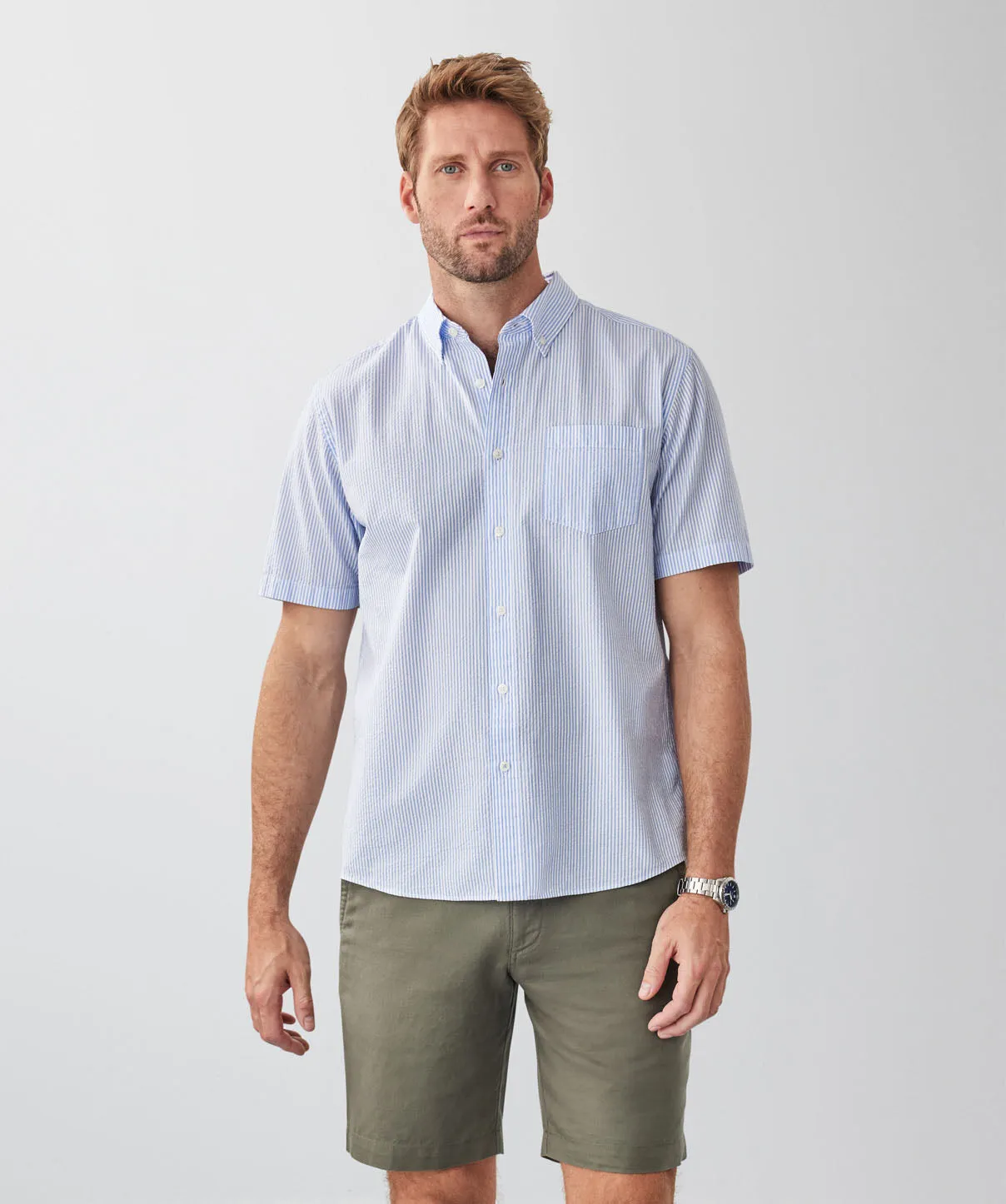 Casual Seersucker Stripe Short Sleeve Shirt - Sky Blue sold by GAZMAN