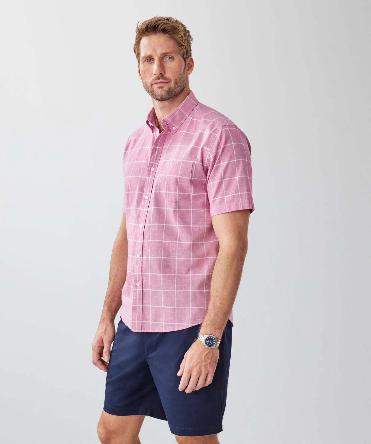 Casual Slub Check Short Sleeve Shirt - Raspberry sold by GAZMAN product image thumbnail 5
