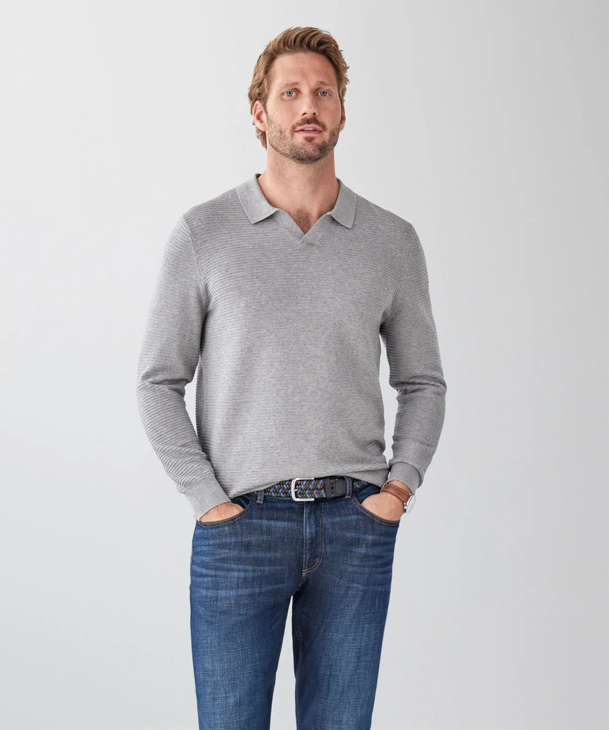 Long Sleeve Ottoman Knit Polo - Charcoal sold by GAZMAN