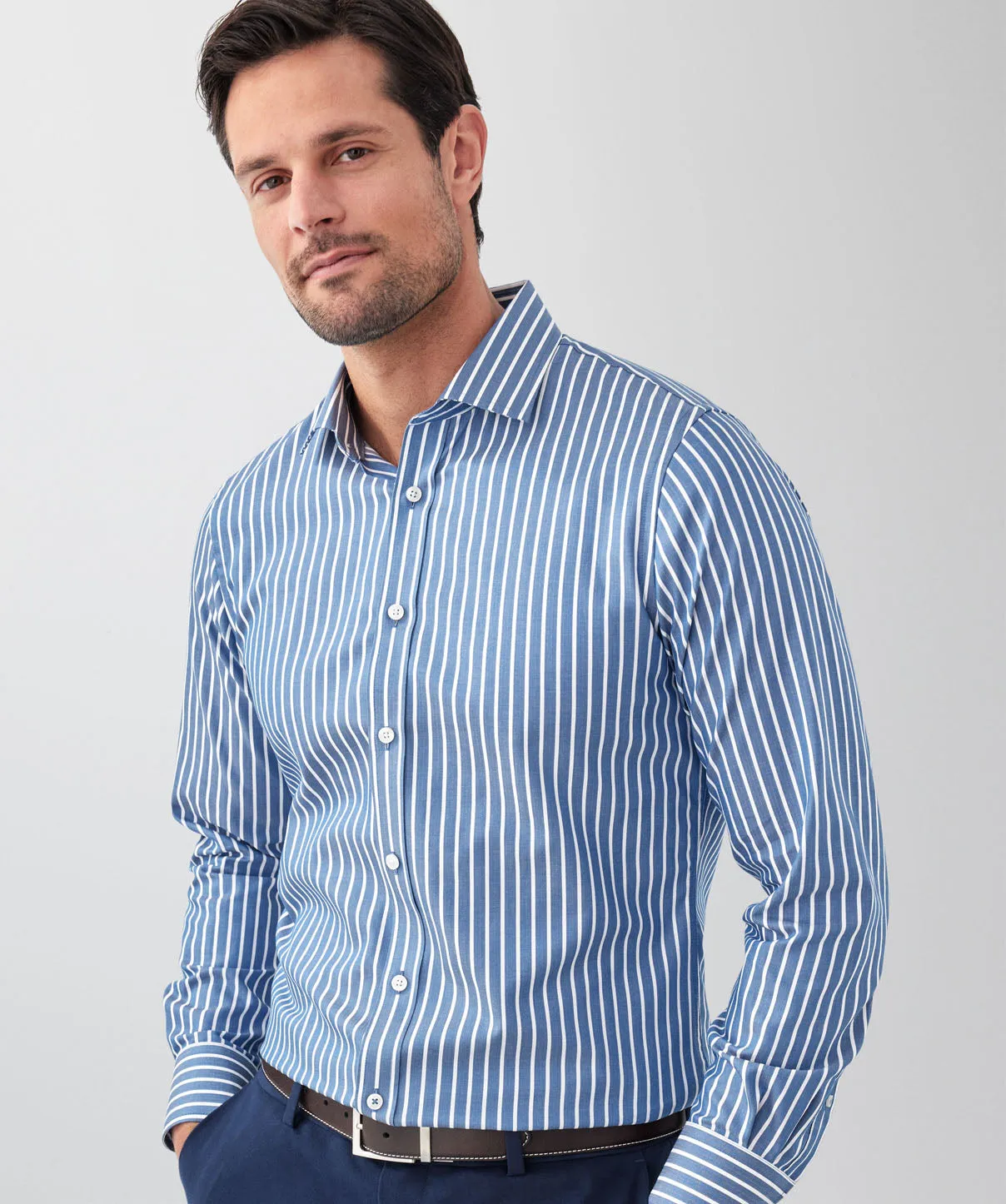 Tailored Fit Easy Care Stripe Long Sleeve Shirt - Denim sold by GAZMAN product image thumbnail 3